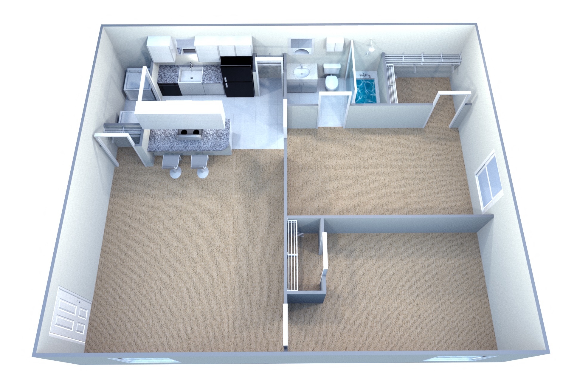 Floor plan for 2 beds, 1 bath, 851 sqft